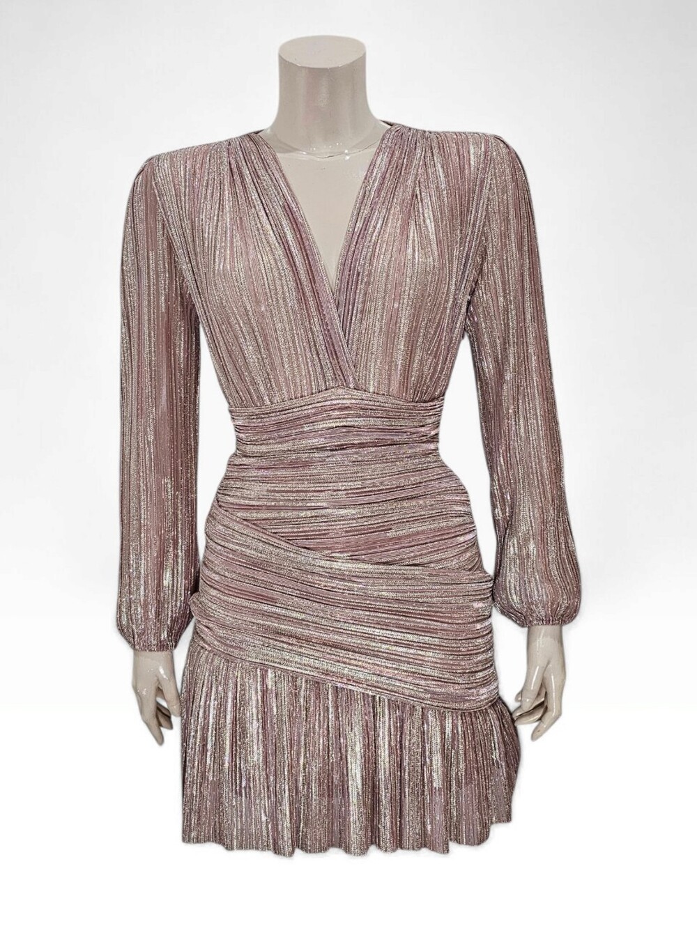 MAJE Metallic Pink Silver Lurex Draped Ruched Fit Flare Cocktail Dress 34/XS
